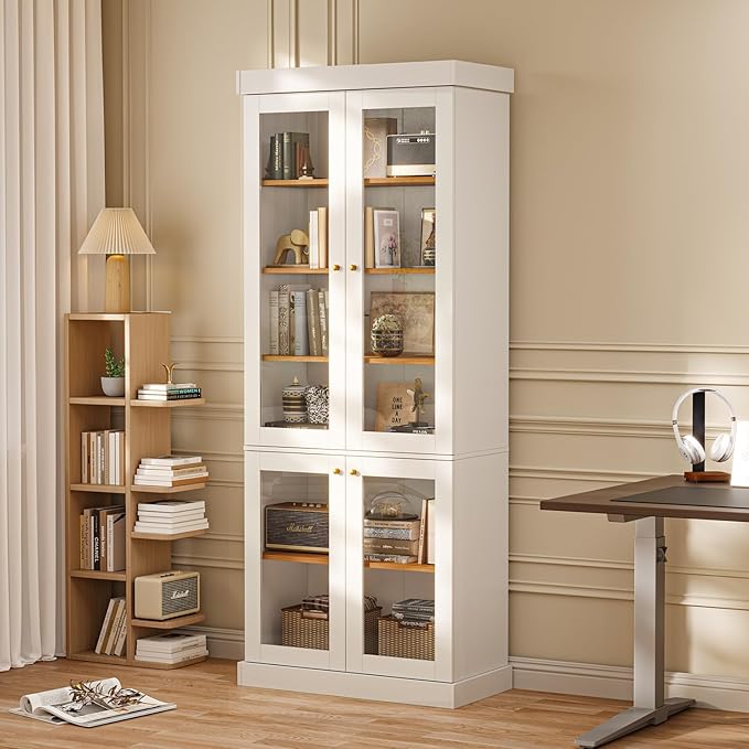 70.8" Bookshelf with Glass Doors, Farmhouse Modular Bookcase with 6-Tier Adjustable Shelves, Large Storage Cabinet for Living Room & Home Office, Set of 4, White