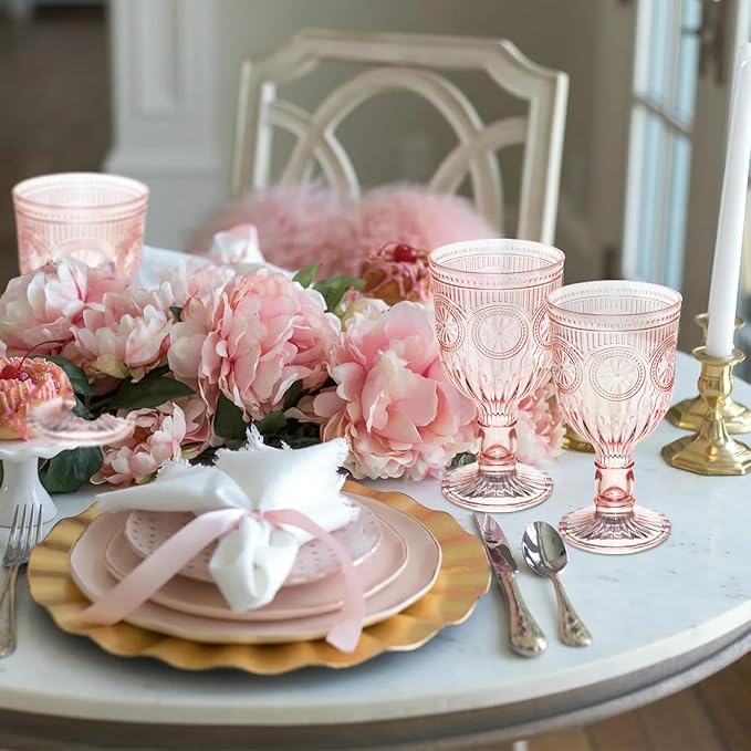Pink 48 Pack Vintage Wine Glasses, Plastic Reusable 12 Ounce Colored Water Goblets, Unique Flower Embossed Pattern Unbreakable Stemmed Wine Glasses High Clear Wedding Party Bar Drinking Cups