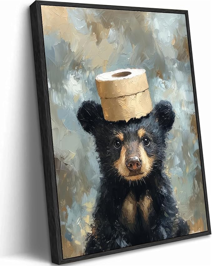 VPUQWGKE Bathroom Bear Canvas Wall Art Black Bear With Paper Wall Decor Picture Bathroom Humor Funny Animal Painting Print for Kids room toilet Washroom Home Decoration 12x16in Black Frame