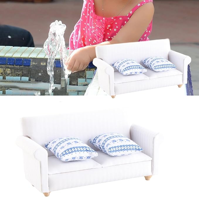 Miniature Sofa for Dollhouse 1/12 Scale, Wooden Double Sofa Set with Cushions - Dollhouse Furniture Living Room Bedroom Decoration Accessories