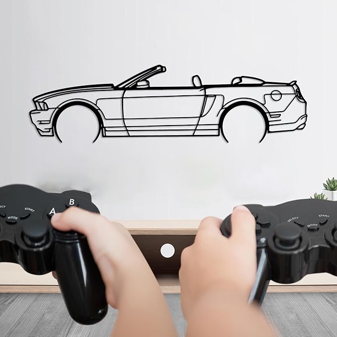 DecoSoul Mustang Metal Car Wall Art, Sports Car, Automotive Silhouette Line Decoration, Minimalist Sculpture for Garage, Indoor Outdoor Wall Hanging, Gift for Boyfriend (Black - 20 x 5.5” inch)