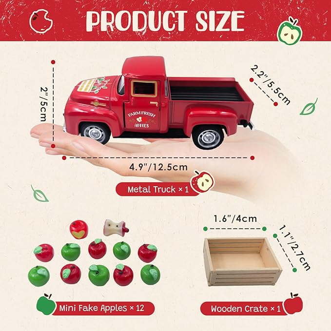 Apple Decor Farmhouse Vintage Red Truck with Fake Apples and Wooden Crate Christmas Table Decorations Mini Apples for Crafts Red Xmas Tiered Tray Decor for Home Kitchen Apple Theme New Year Gifts