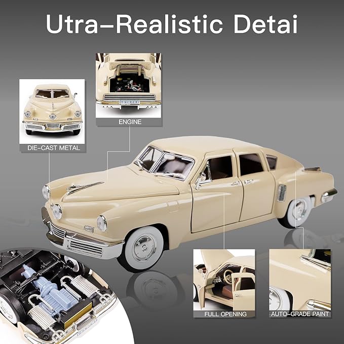 1948 Tucker Torpedo 1:18 Diecast Model Car - Cyclops Classic with Opening Doors, Steering Linkage | Premium Gift Box, Man Cave Decor | Ages 14+, Ivory Yellow
