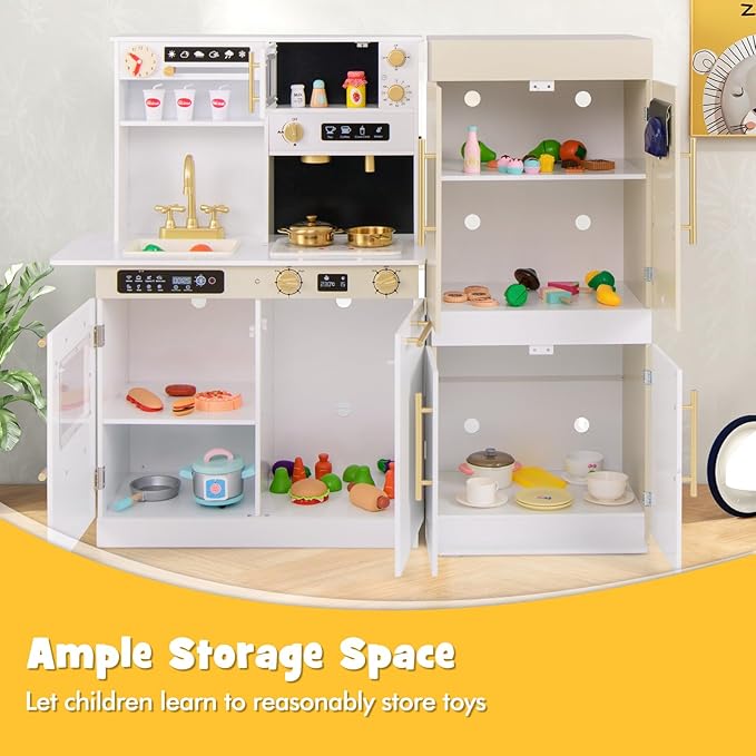 INFANS Play Kitchen for Kids, 2-Piece Fridge Refrigerator Playset Combination with Electronic Interactive Alphabet Wall Chart Coffee Machine Stove Microwave, Toddler Wooden Pretend Cooking Set Gift