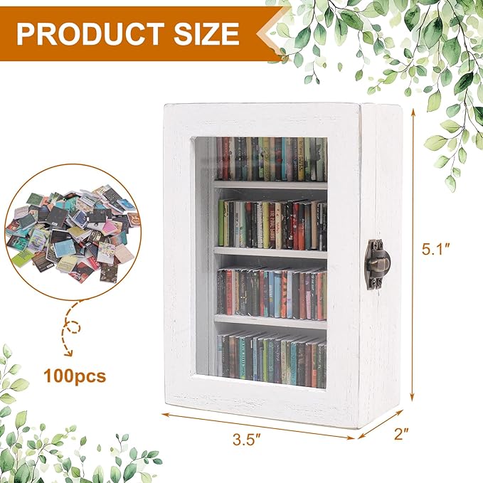 Anxiety Bookshelf Ornament With 100pcs Miniature Books| Anxiety Miniature Book Library | Small Wooden Pocket Bookshelf for Bookworms | Book Lovers Gift (White)