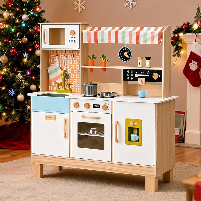 PairPear Wooden Play Kitchen for Kids, Pretend Play Toy Kitchen Set Coffee Maker, Ice Maker & Toy Food Accessories, Toddler Play Kitchen Gift for 3 Yeard and Up