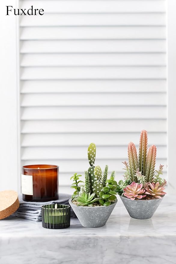 Fuxdre 2-Pack Artificial Succulent Plants in Vintage Plastic Pots - Waterproof Fake Plants Decor for Home Office Desk - Low Maintenance Indoor Greenery for Bathroom, Shelf & Table