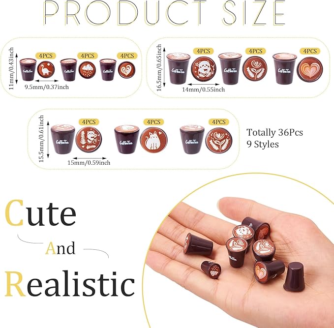 Cheriswelry 36Pcs Mini Resin Coffee Drinks Decoration Miniature Coffee Cup Dollhouse Accessories 11-16.5mm for Kitchen Play Tableware Decor