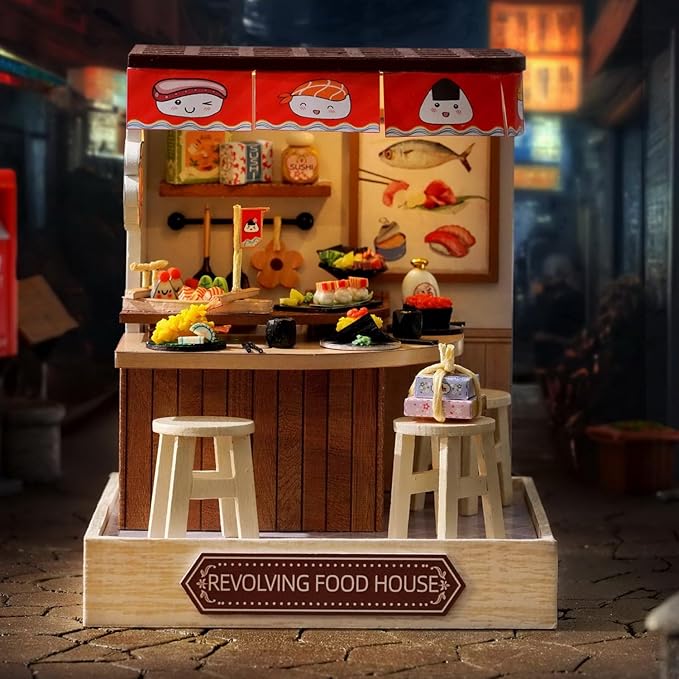 TuKIIE DIY Miniature Dollhouse Kit with Furniture, 1:24 Scale Creative Room Mini Wooden Christmas Doll House Plus Dust Proof for Kids Teens Adults(Revolving Food House)