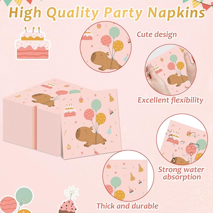 96 Pcs Pink Capy Birthday Party Decorations Cute Cartoon Capy Paper Tableware Set Pink Animals Theme Disposable Plates Napkins Forks for Kids Birthday Baby Shower Animal Party Supplies Serve 24 Guests