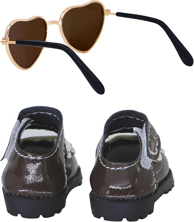 Suitable for 17cm Doll Clothing Accessory Set, Buckle Leather Shoes and Two-Piece Glasses Set (Brown2)