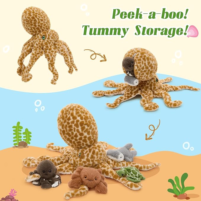 5Pcs Giant Octopus Plush, 23.6" Big Octopus Stuffed Animal with 3 Sea Animal Plush Toys(Turtle, Octopus, Crab, Hammerhead Shark), Soft Stuffed Ocean Creature Plushies for Kids