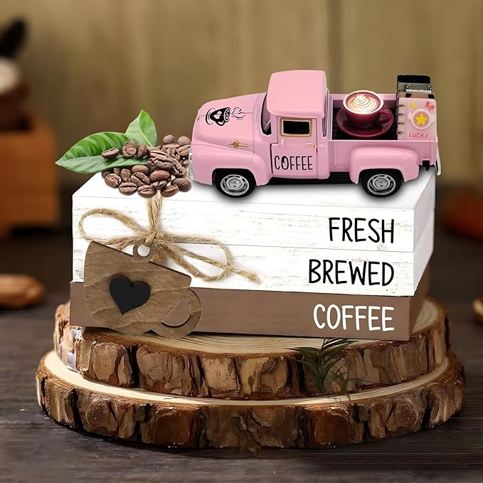 Coffee Decor for Coffee Bar Vintage Metal Truck with Mini Fake Books and Coffee Farmhouse Pink Christmas Tiered Tray Decor Coffee Station Tabletop Coffee Ghost Sign Rustic Coffee Table Centerpiece