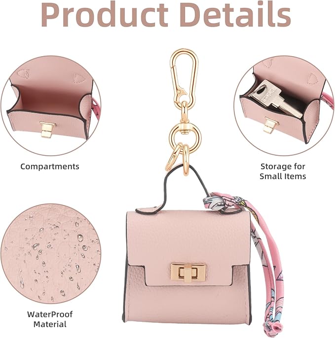 FENHIN Mini Backpack Keychain, Leather Small Coin Purse for Women, Cute Hand Bag Charms with Key Holder & Twist-lock (Pink)