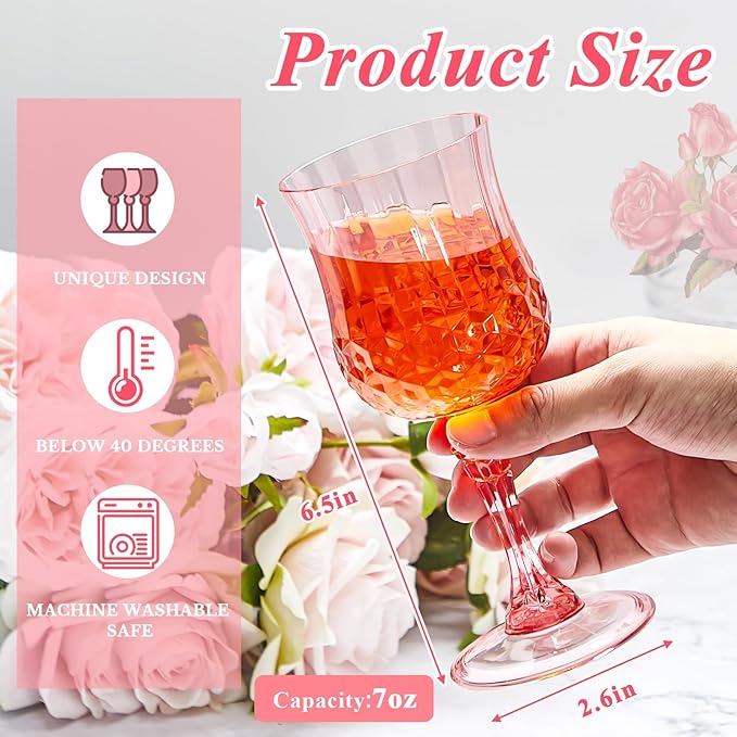 Pinkunn 50 Pcs 7 oz Plastic Vintage Wine Glasses Reusable Colored Goblets Patterned Drinking Water Glasses Cup Dishwasher Safe for Valentine's Day Wedding Reception Party Supplies (Pink)