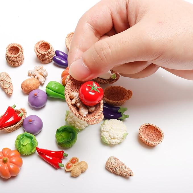 Exasinine 42 Pcs Miniature Food Mini Vegetables Figurines Miniature Baskets for Miniatures Food Kitchen Mini House Store