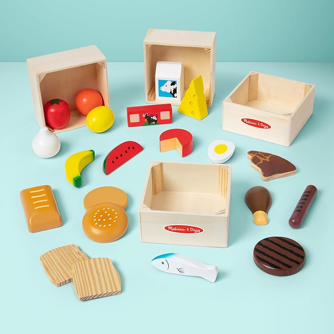 Melissa & Doug Food Groups - 21 Hand-Painted Wooden Pieces and 4 Crates