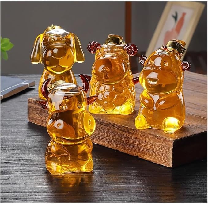 Chinese Zodiac Mini Whiskey Decanter Set of 12 with Stopper. Creative Animal Clear Glass Wine Bottle Miniature Liquor Dispenser for New Year (Size : 150ml x 12)