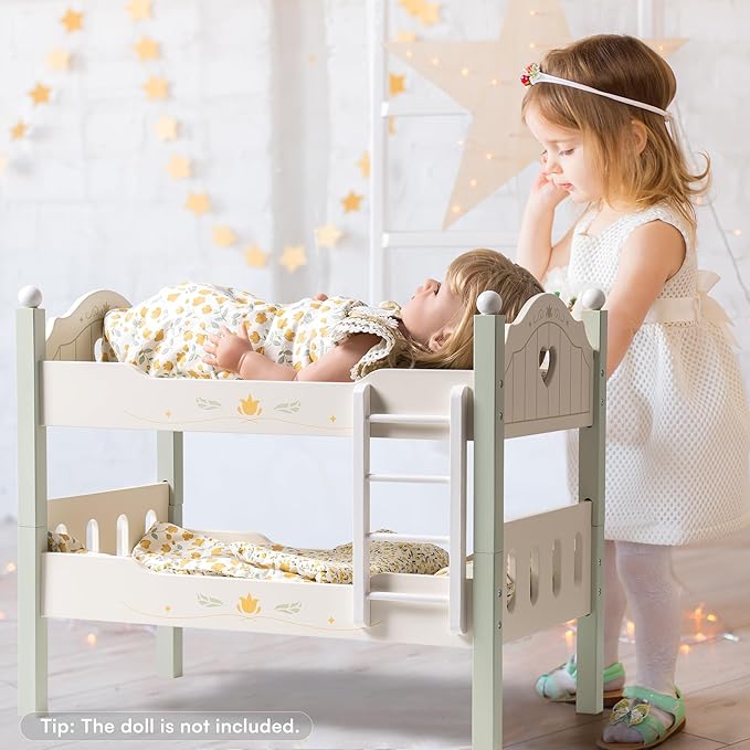 ROBOTIME Baby Doll Bunk Bed, Wooden Doll Crib for 18 Inch Dolls, American Girl Doll Furniture Toy with Bedding (Green, 2 Pcs Beds)