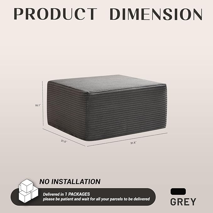 Cozy Square Ottoman, Comfortable Seating, No Assembly Required, Grey