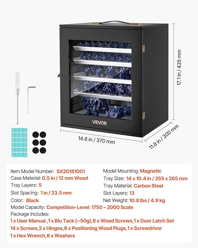 VEVOR Miniatures Storage Case, Fits for 1:1750-1:2000 Scale Models, Wooden Miniatures Display Holder with 5 Tray & 13 Slots, Clear View Miniature Transport Case for Collectibles (Minis Not Included)