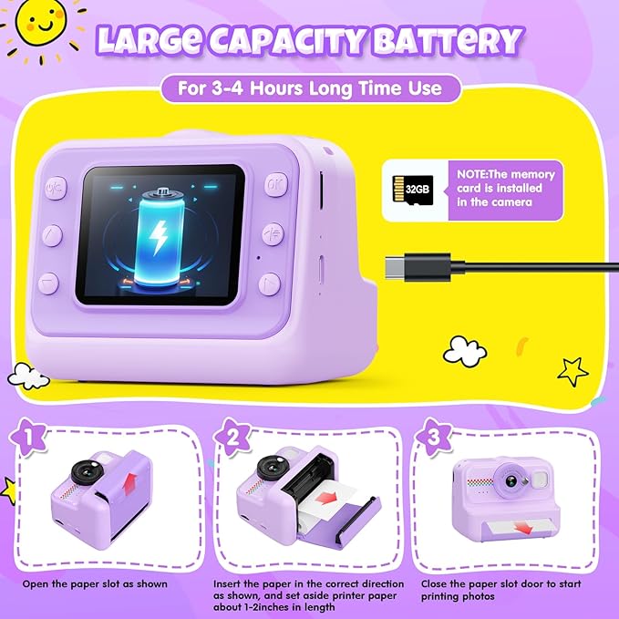 Kids Camera Instant Print, 1080P HD Instant Print Camera for Kids with 3 Rolls Print Paper & 32GB Card, Selfie Digital Camera for Kid, Ideal Kid Toys Gifts for Boys & Girls Age 3-14 (Purple)