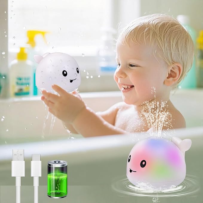 ArtCredit Light Up Bath Toy Sprinkler for Babies, Rechargeable Bathtub Pool Water Toys Baby Gifts for Toddlers, Shower Essentials (White Whale)