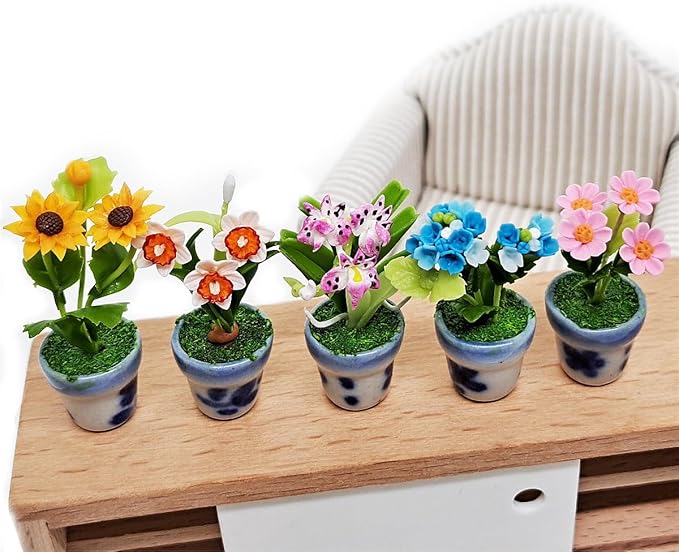 WitnyStore Tiny 1½" High 5 Pieces Set Mix Sunflower Orchid Hydrangea Zinnia - Hand Made Artificial Flowers Colorful Miniature Realistic Clay Flower Plant Pots Blooming House Plants Indoor Decoration