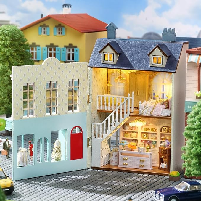 DIY Miniature House Kit, CUTEROOM Wooden Dollhouse Kit Mini House Making Kit with Furnitures, DIY Dollhouse Kit Birthday Gift for Women (Gift Shop)