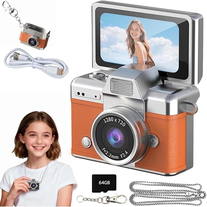 Mini Digital Camera Keychain Retro Mini Digital Video Camera Small 1080P FHD Recording with 0.96" IPS Screen with 6 Retro Filters AVI Format-Ideal for Phone Transfer (64GB, Orange)