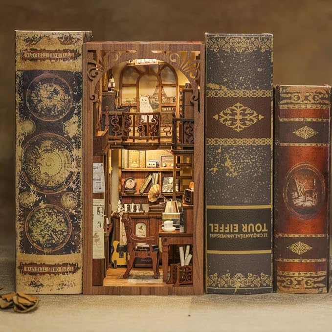 Cutefun Book Nook Kit,3D Wooden Puzzle Bookends,Miniature house kit with dust cover,Bookends Kit with LED Lights,DIY Dollhouse Bookend Tiny House for Adults,Birthday Easter Home Decor for Teens Adults