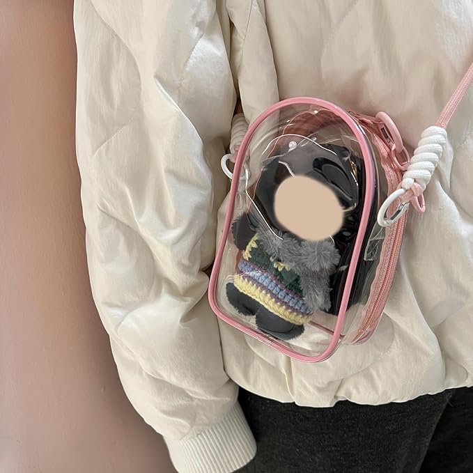 Clear Figure Display Bag with Keychain and Lanyard, Protective Doll Case, 15cm/5.91in Crossbody Doll Storage Bag