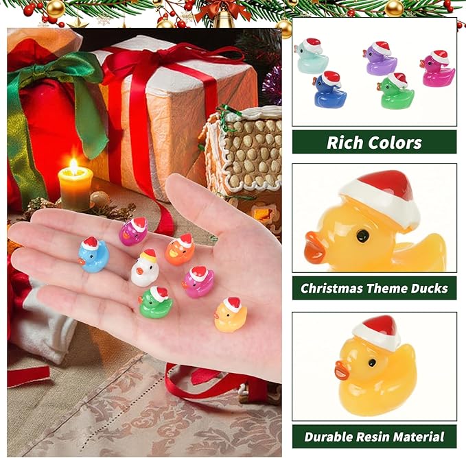 160 PCS Mini Resin Ducks Wearing Santa Hats, 16 Color Tiny Christmas Duck Figures for Dollhouse, Fairy Garden Ornaments, Xmas Goodie Bag Fillers Party Favors Supplies, Classroom Prizes