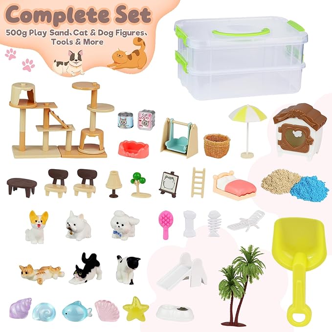 Crelloci Double-Layer Pet Magic Sand Playset, 2 Colors Magnetic Sand Sensory Bin with Cat & Dog Figures, Mess-Free Sand Toy Kit for Kids, Creative Sensory Play, Gift for Boys & Girls Age 3+