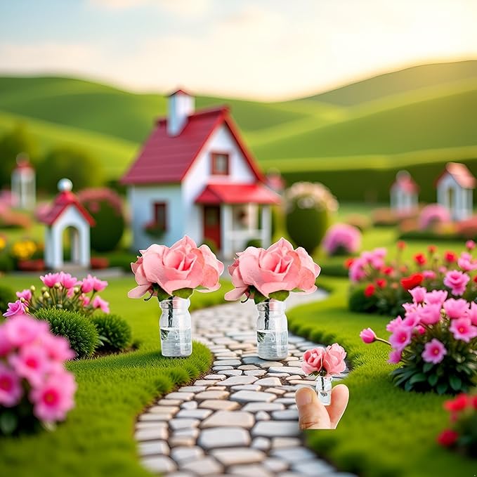 2Pcs Mini Dollhouse Miniature Vase Micro Landscape Colorful Flower Glass Bottle Miniature Decoration for 1:12 Scale Dollhouse Scene Props Décor Accessoriesecor (Pink)