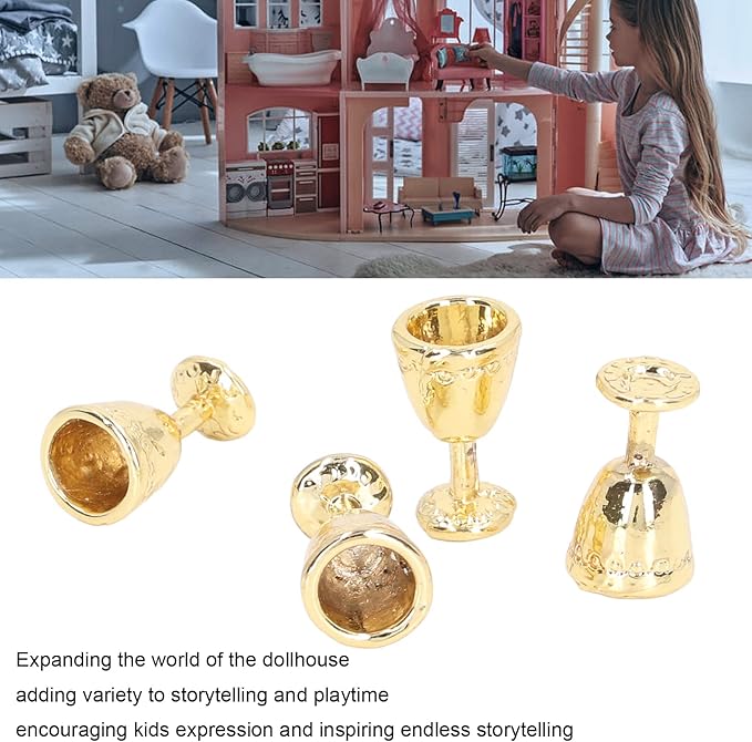 4Pcs Miniature Champagne Wine Glas, Mini Bottles Dollhouse Champagne Set Simulation Miniature Glasses Cups for 1:12 Accessories (4 Gold)