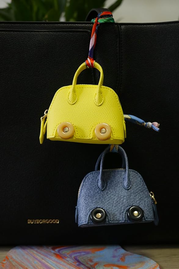 Buyborgood Women's 2 PCS Mini Tote Bag Charms Keychain Pouch Small Coin Purse Wallet, Denim+Yellow