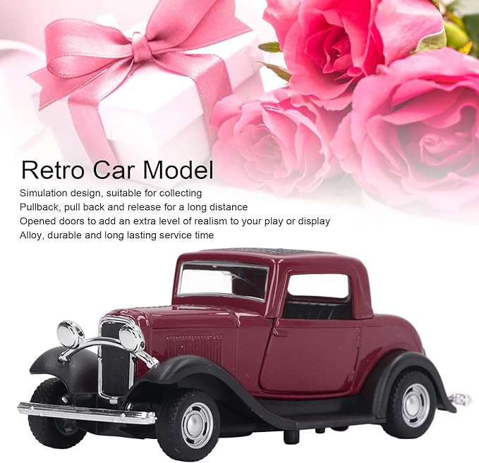 Classic Vintage Alloy Car Model Opened Doors Retro Antique Pullback Toy 1:32 for Playtime Education (Burgundy)