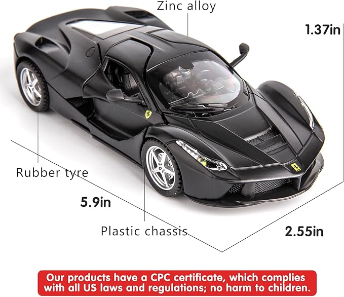 BDTCTK 1:32 Farrari Car Model Pull Back Car with Sound and Light for Kids Boy Girl, Metal Body Door Opened Black