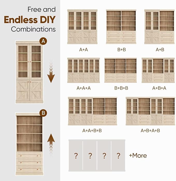 71" Tall Farmhouse Kitchen Pantry Cabinet, Brown Wood Hutch with Glass Doors, 3 Drawers & Adjustable Shelves, Large Storage Cabinet for Dining Room & Living Room, Set of 3