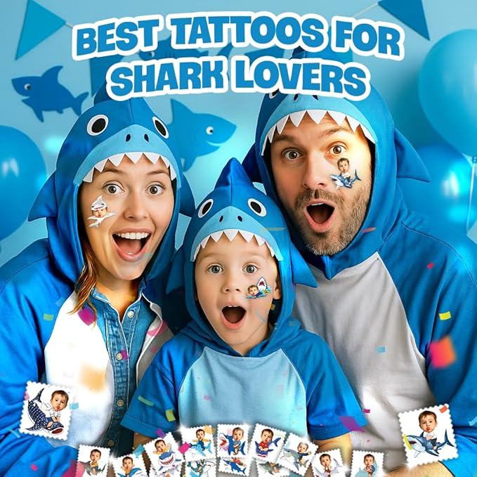 Custom Shark Temporary Tattoos for Kids - Personalized Pre-Cut Face Photo Tattoos - Fun Birthday Party Favors for Boys Girls, Shark Lovers - Set of 20 Unique Celebration Gifts