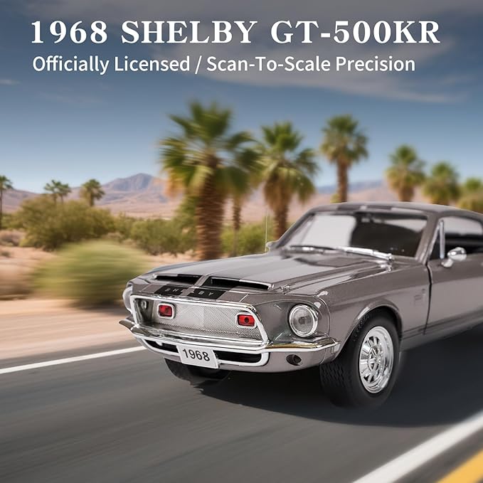 Shelby 1968 GT-500KR 1:18 Diecast Model Car - King of The Road, Opening Doors, Steering Linkage | Premium Gift Box, Man Cave Decor | Ages 14+,Gray