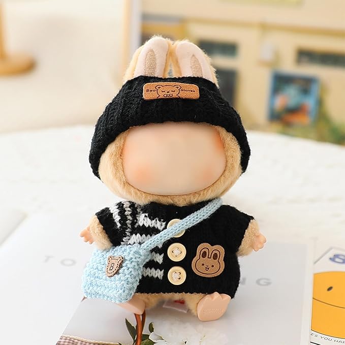 Clothes for LABUBU Doll (NO Doll), Handcrafted Crochet 3-Piece Accessories for LABUBU 17cm Dolls, Premium Outfit - Bunny Sweater + Hat + Bag, Cute Clothes for Dress up Unique Style (Black)