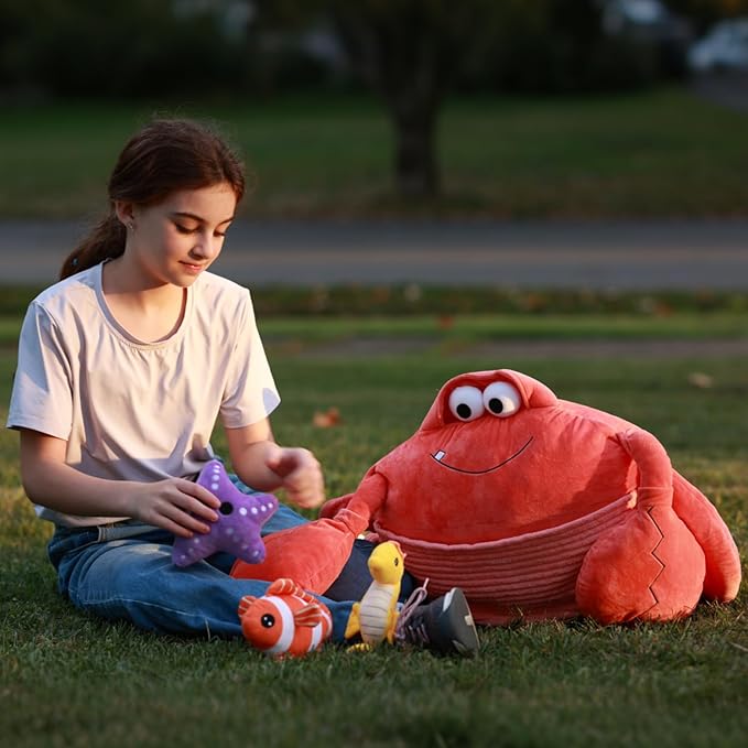 4Pcs Giant Crab Plush Toy Set, 43.3" Weighted Crab Stuffed Animal with 3 Small Cute Stuffed Sea Animal, Seahorse Starfish Clownfish Plushies Gift for Kids, Under The Ocean Party Favor, Red
