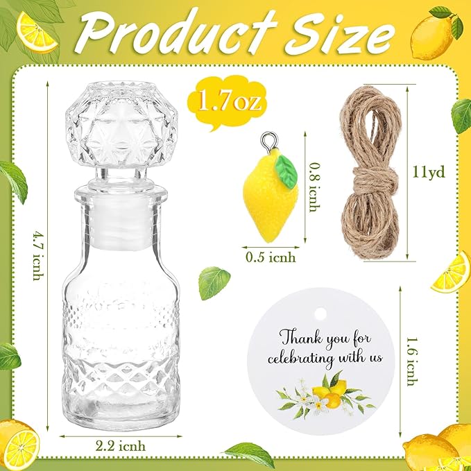 Chuangdi 16 Sets Mini Limoncello Glass Bottles Limoncello Bottles with Labels 1.7 oz Lemon Pendants Lemon Party Favors for Homemade Brewing Wedding Baby Shower Gifts(Delicate)