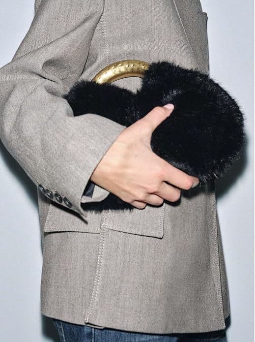 Black Faux Fur Handbag with Gold Metal Handle, Half Moon Top Handle Winter Bag