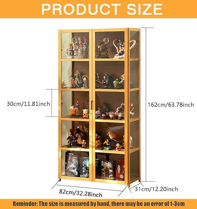 5-Tier Curio Display Cabinet with Acrylic Doors - 64” Transparent Display Case for Figures, Display Shelves for Collectibles & Storage Cabinets for Home, Office, Playroom, Living Room, Brown