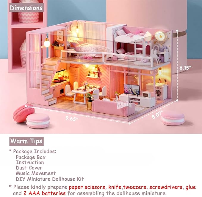 TuKIIE DIY Miniature Dollhouse Kit with Furniture, 1:24 Scale Creative Room Mini Wooden Christmas Doll House Accessories Plus Dust Proof & Music Movement for Kids Teens Adults(Dream Angels)