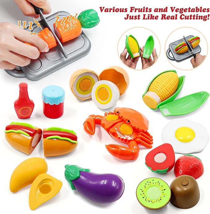 Kids Pretend Play Kitchen Toys Accessories Set, 32 Items Stainless Steel Toy Pots and Pans Sets w/ Rack Organizer, Metal Cooking Utensils & Apron, Play Food w/ Basket for Kids Girls Boys Toddlers