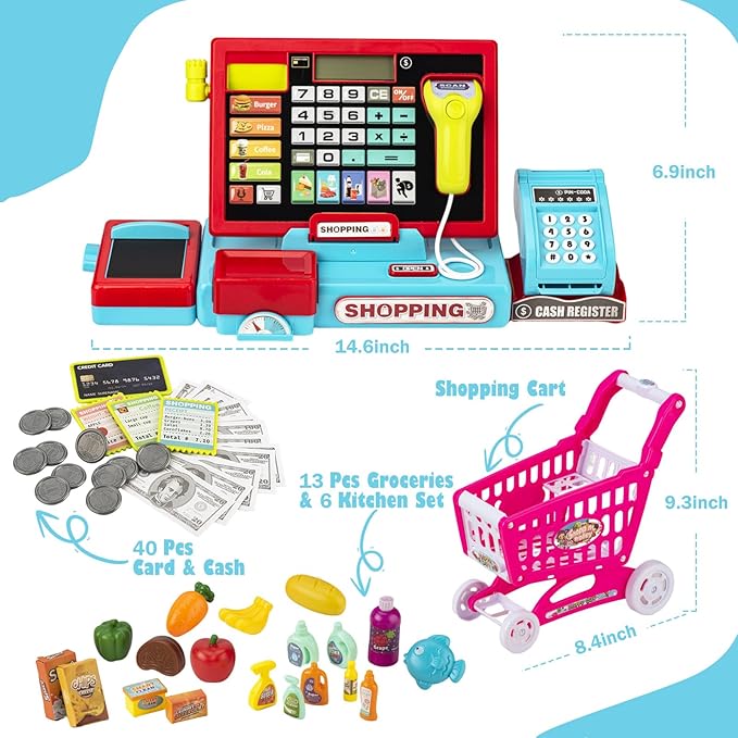Cash Register for Kids Real Calculator Kids Cash Register with Scanner Toy for 3 4 5 6 7 8 Year Old Boy Pretend Play Store with Music / Food / Shopping Cart Learning Toys Gifts for Boys Ages 4-8